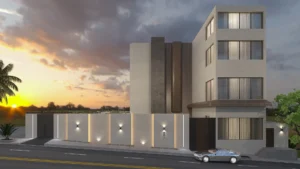 Modern Villa in Saudi Arabia: Exterior, Landscape and Living Hall | Kenania Inventive Arts Modern villa exterior in Saudi Arabia at sunset with a timber-clad entrance