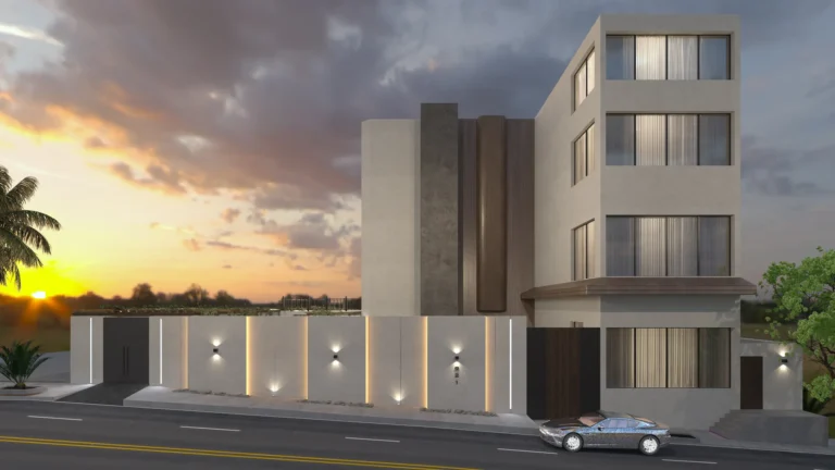 Modern Villa in Saudi Arabia: Exterior, Landscape and Living Hall | Kenania Inventive Arts Modern villa exterior in Saudi Arabia at sunset with a timber-clad entrance