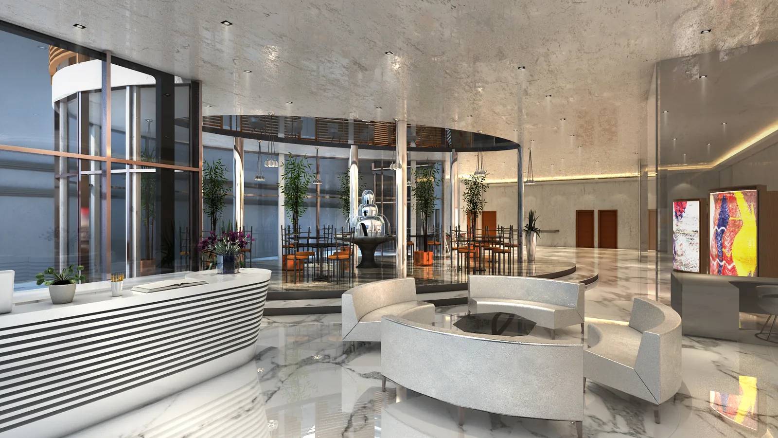 Showroom design: Showroom lobby with a curved reception and marble floor