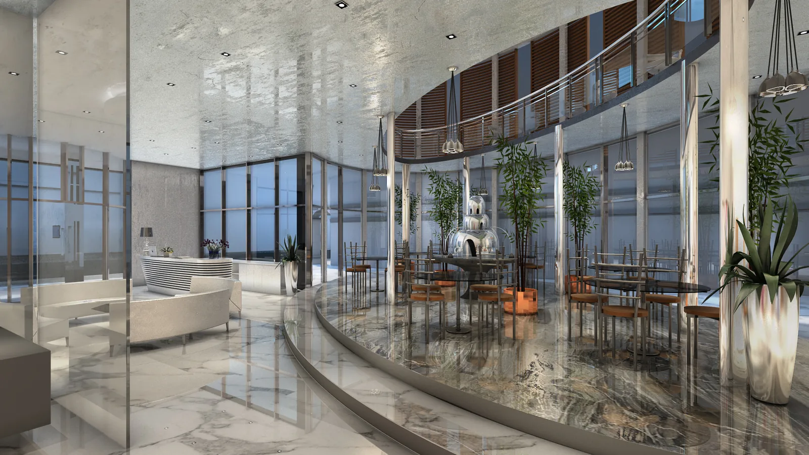 Lobby with a double-height glass wall