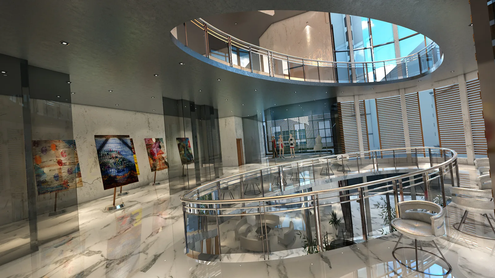 Mezzanine walkway with glass balustrade