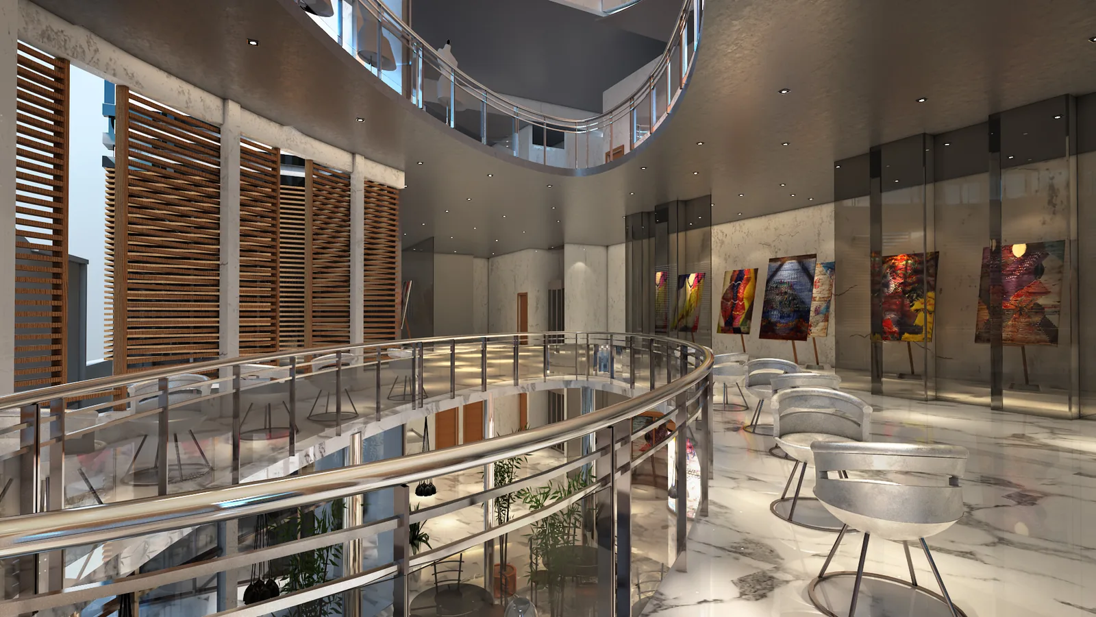 Timber louvres and framed art along the mezzanine