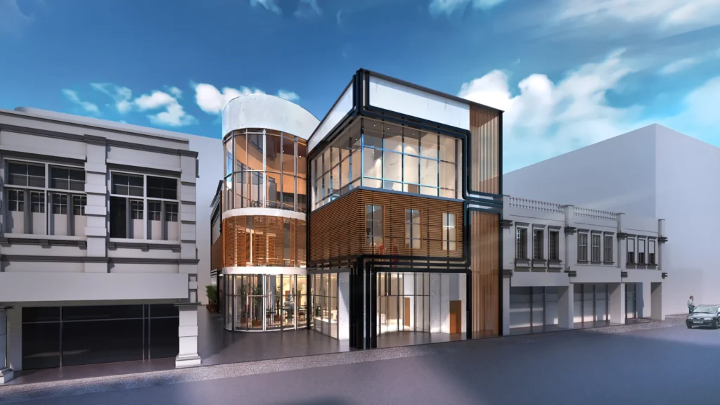 Corner Showroom Building: Curved Glass Facade, Oculus Lobby and Mezzanine Gallery | Kenania Inventive Arts Corner showroom building with a curved glass facade and timber louvres