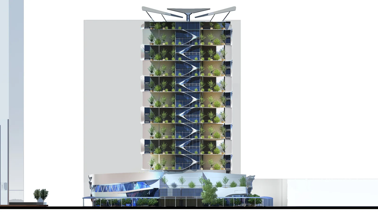 Front elevation: planted balconies stacked in a zigzag rhythm above the podium