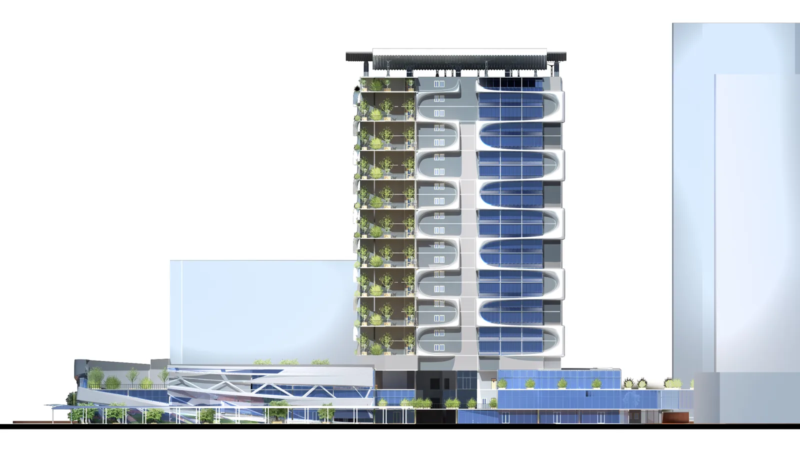 Side elevation with curved balcony fronts and the long commercial podium