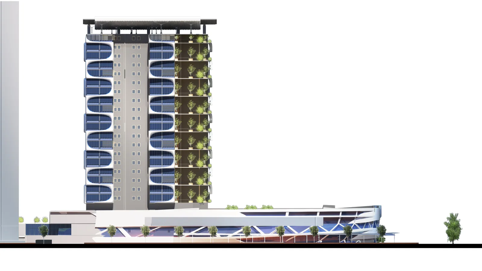 Rear elevation showing the service core between two columns of balconies