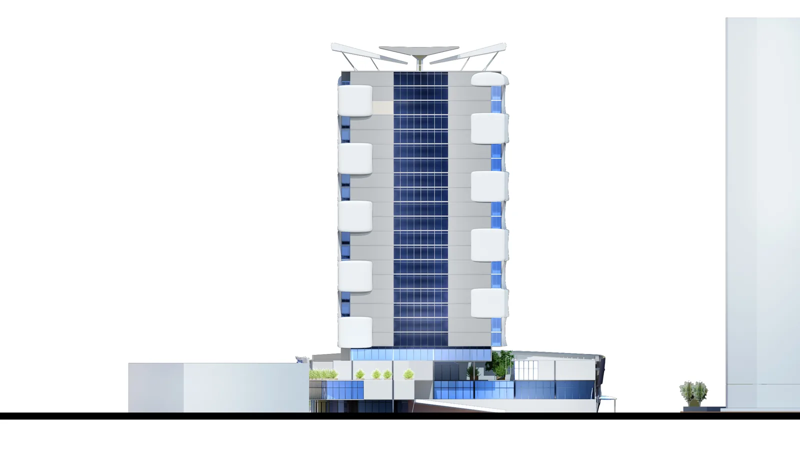 Elevation study without planting, testing the massing in white and blue glass