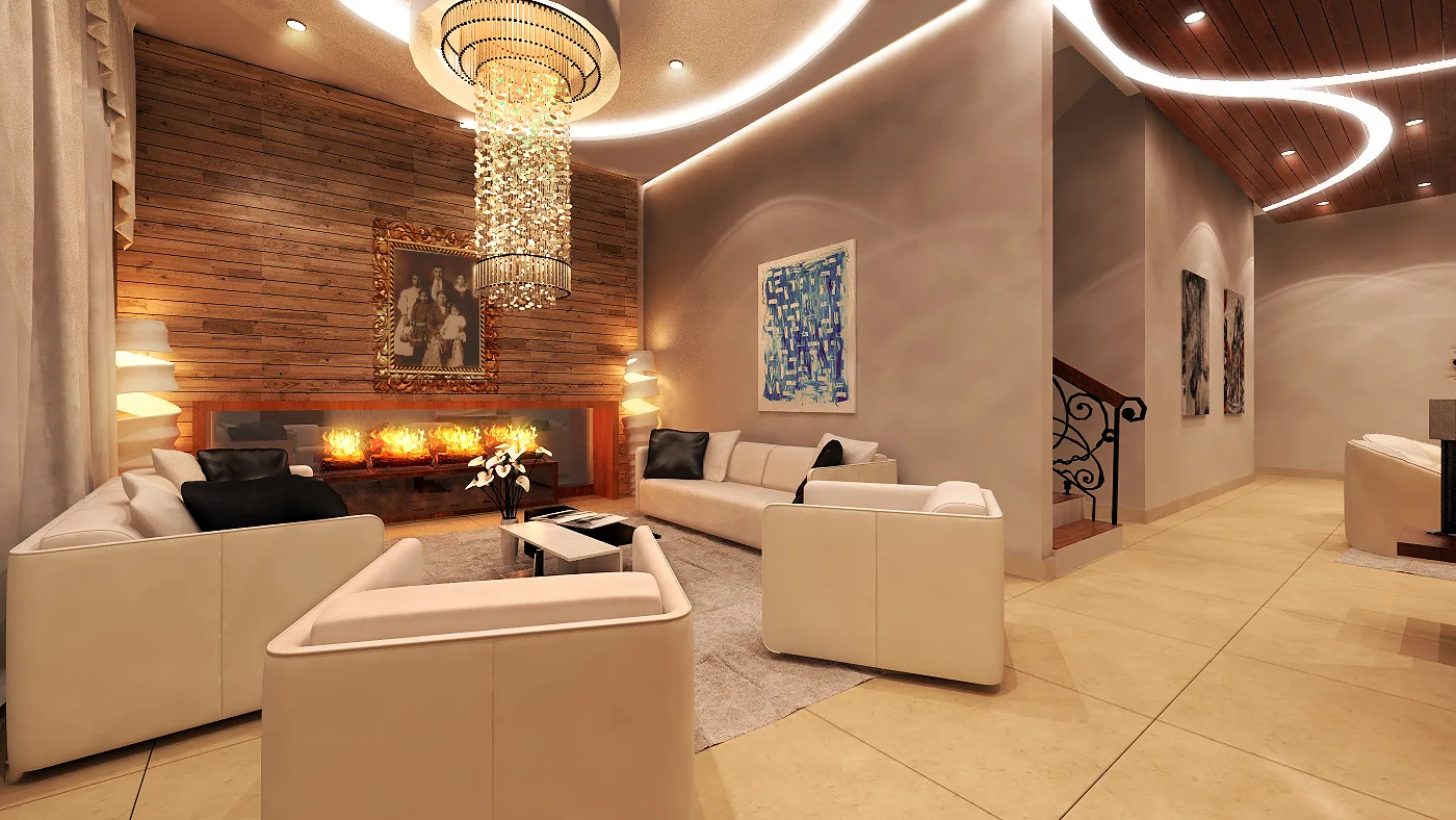 Duplex Apartment Interior: Sculpted Wave Ceilings, Timber and Light | Kenania Inventive Arts Duplex interior design: Living room with white sofas, a brick fireplace wall and a wave ceiling