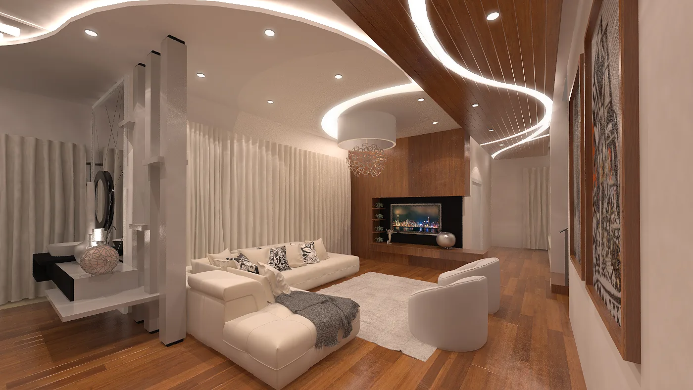 Duplex Apartment Interior: Sculpted Wave Ceilings, Timber and Light | Kenania Inventive Arts Living room seating with the wave ceiling