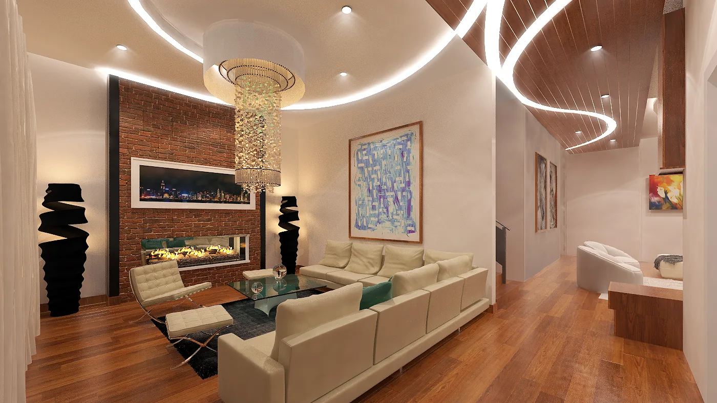 Duplex Apartment Interior: Sculpted Wave Ceilings, Timber and Light | Kenania Inventive Arts Living room with the fireplace and a ribbon chandelier