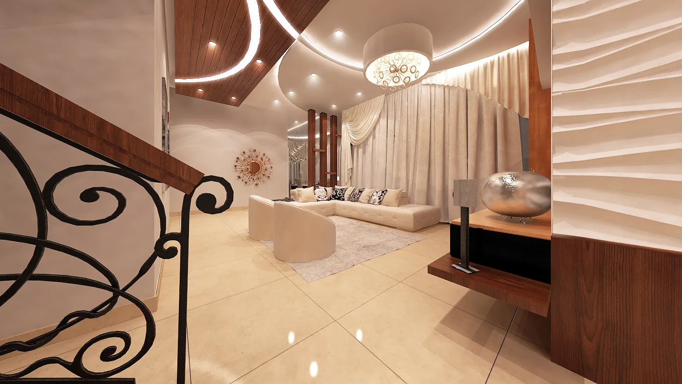 Duplex Apartment Interior: Sculpted Wave Ceilings, Timber and Light | Kenania Inventive Arts Staircase with a wrought-iron balustrade and lounge