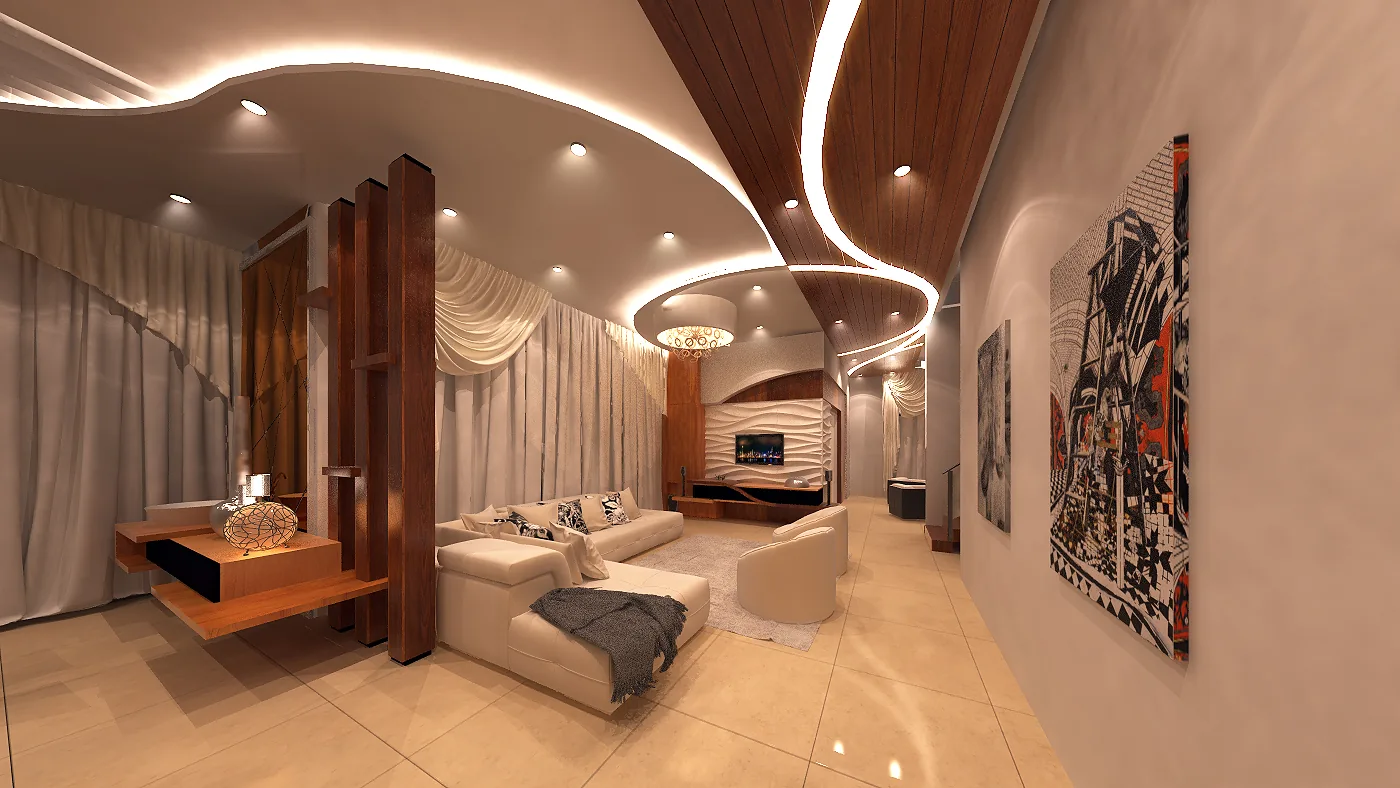 Duplex Apartment Interior: Sculpted Wave Ceilings, Timber and Light | Kenania Inventive Arts Dining room with a timber wall and a sculpted ceiling