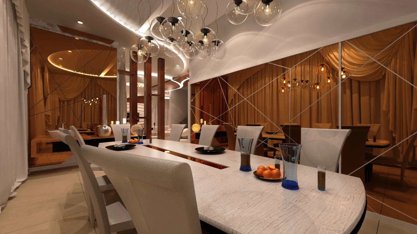 Duplex Apartment Interior: Sculpted Wave Ceilings, Timber and Light | Kenania Inventive Arts Dining table under pendant lights
