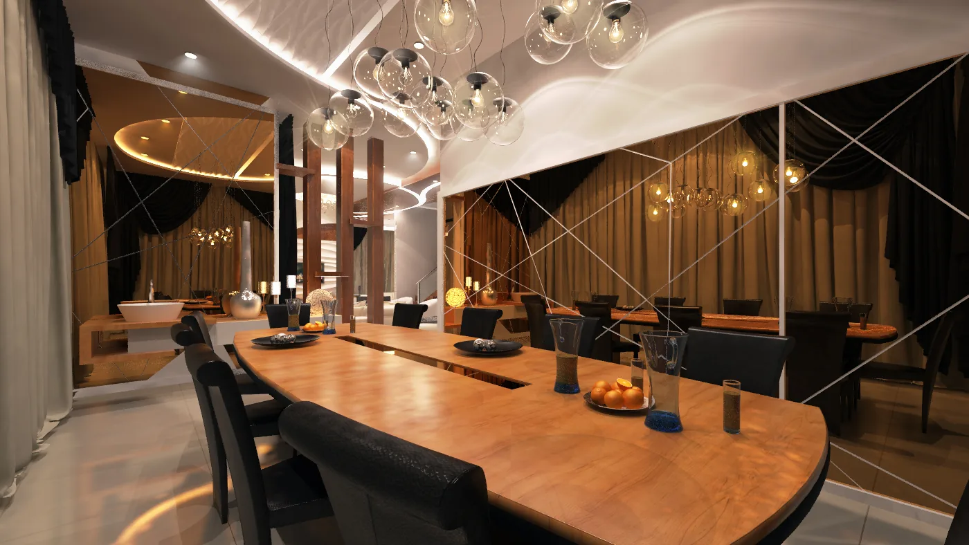 Duplex Apartment Interior: Sculpted Wave Ceilings, Timber and Light | Kenania Inventive Arts Dining room at night