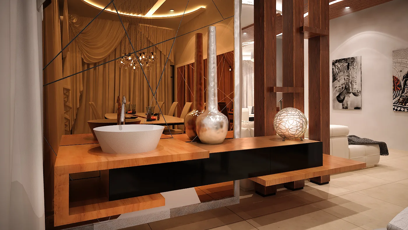 Duplex Apartment Interior: Sculpted Wave Ceilings, Timber and Light | Kenania Inventive Arts Guest washroom with a floating timber vanity