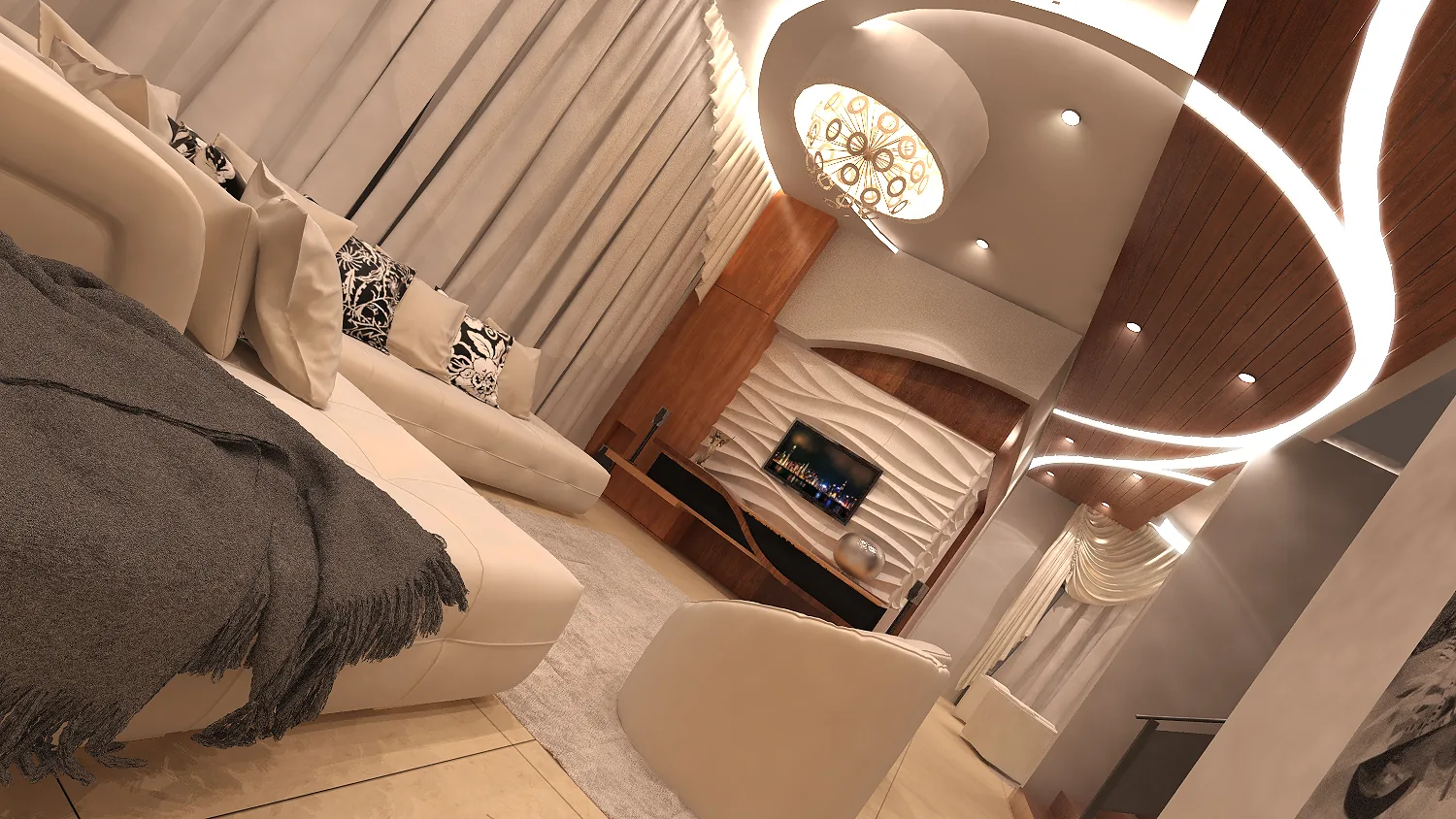 Duplex Apartment Interior: Sculpted Wave Ceilings, Timber and Light | Kenania Inventive Arts Children’s bedroom with a suspended bed and coloured curtains