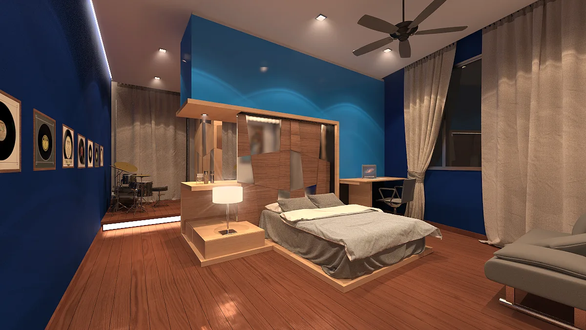 Duplex Apartment Interior: Sculpted Wave Ceilings, Timber and Light | Kenania Inventive Arts Master bedroom in blue with a timber bed platform