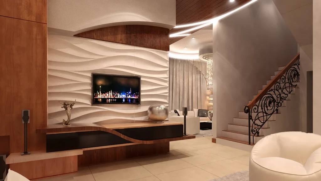 Duplex Apartment Interior: Sculpted Wave Ceilings, Timber and Light | Kenania Inventive Arts Living room with a sculpted wave wall, ribbon ceiling light and a curved staircase