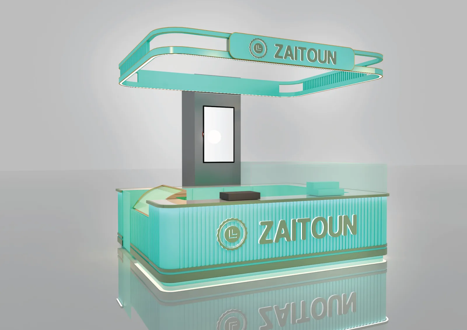 Zaitoun, Kuala Lumpur: One Food Brand, Six Retail Formats and a Built Kiosk in Sunway Pyramid | Kenania Inventive Arts Sunway Pyramid island kiosk: 3D render with the ring canopy and logo post