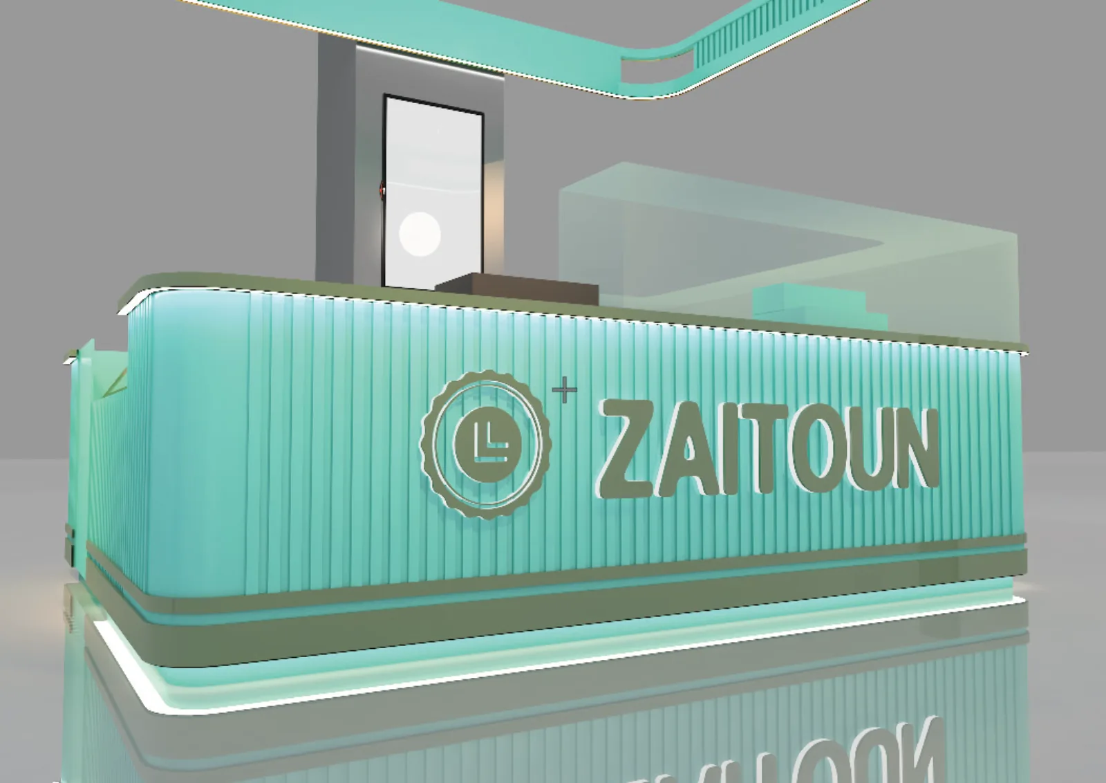 Zaitoun, Kuala Lumpur: One Food Brand, Six Retail Formats and a Built Kiosk in Sunway Pyramid | Kenania Inventive Arts Island kiosk: fluted mint counter with the Zaitoun wordmark