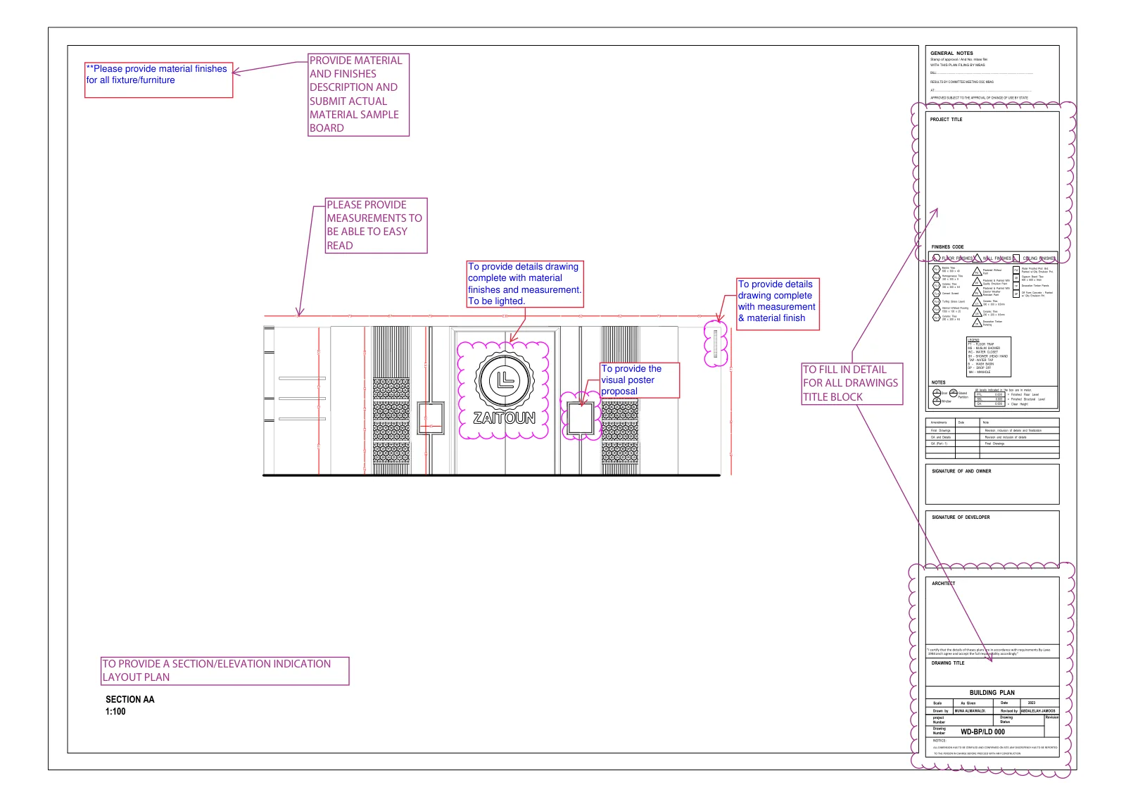 Zaitoun, Kuala Lumpur: One Food Brand, Six Retail Formats and a Built Kiosk in Sunway Pyramid | Kenania Inventive Arts Drawing submission, February 2023: front elevation with landlord comments