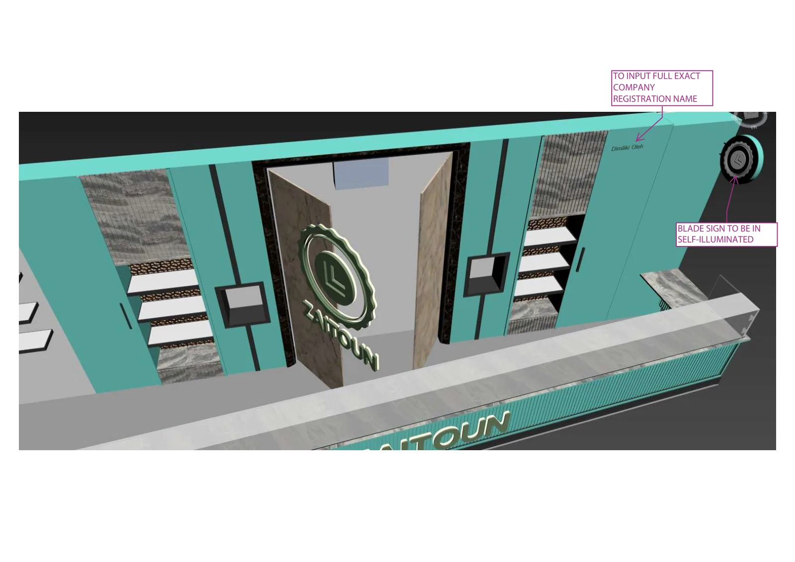 Zaitoun, Kuala Lumpur: One Food Brand, Six Retail Formats and a Built Kiosk in Sunway Pyramid | Kenania Inventive Arts Inline unit for lot L2-13: render submitted with the drawings