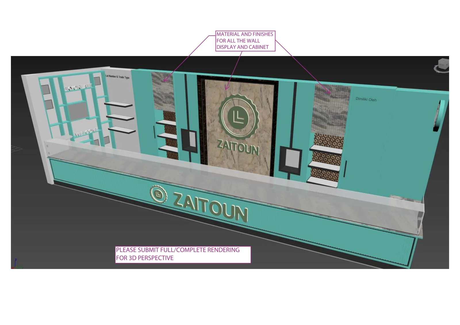 Zaitoun, Kuala Lumpur: One Food Brand, Six Retail Formats and a Built Kiosk in Sunway Pyramid | Kenania Inventive Arts Inline unit for lot L2-13: counter and back wall