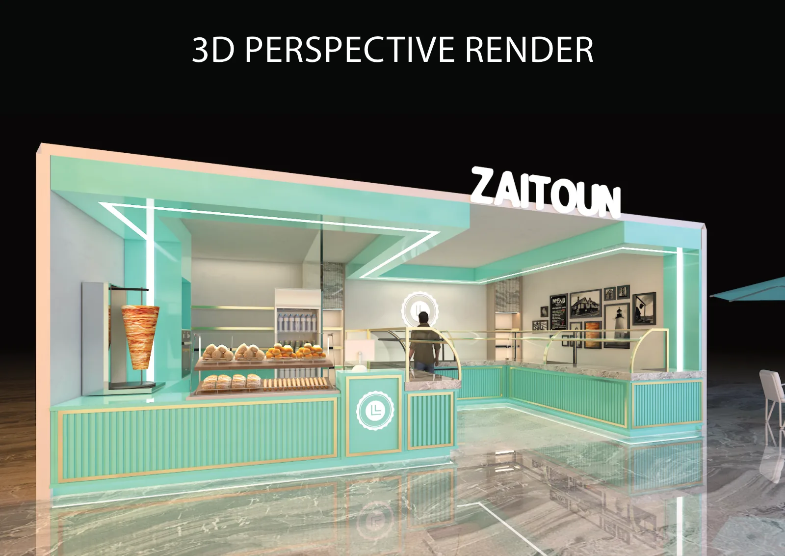 Zaitoun, Kuala Lumpur: One Food Brand, Six Retail Formats and a Built Kiosk in Sunway Pyramid | Kenania Inventive Arts Shop unit: 3D perspective of the serving counter and displays