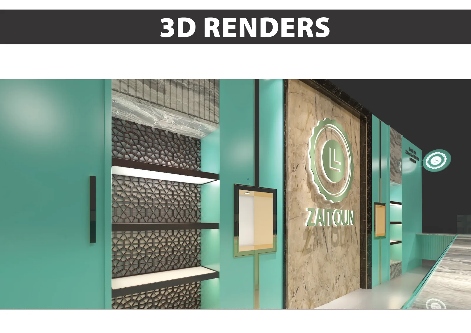Zaitoun, Kuala Lumpur: One Food Brand, Six Retail Formats and a Built Kiosk in Sunway Pyramid | Kenania Inventive Arts Airport unit: shelving and logo detail