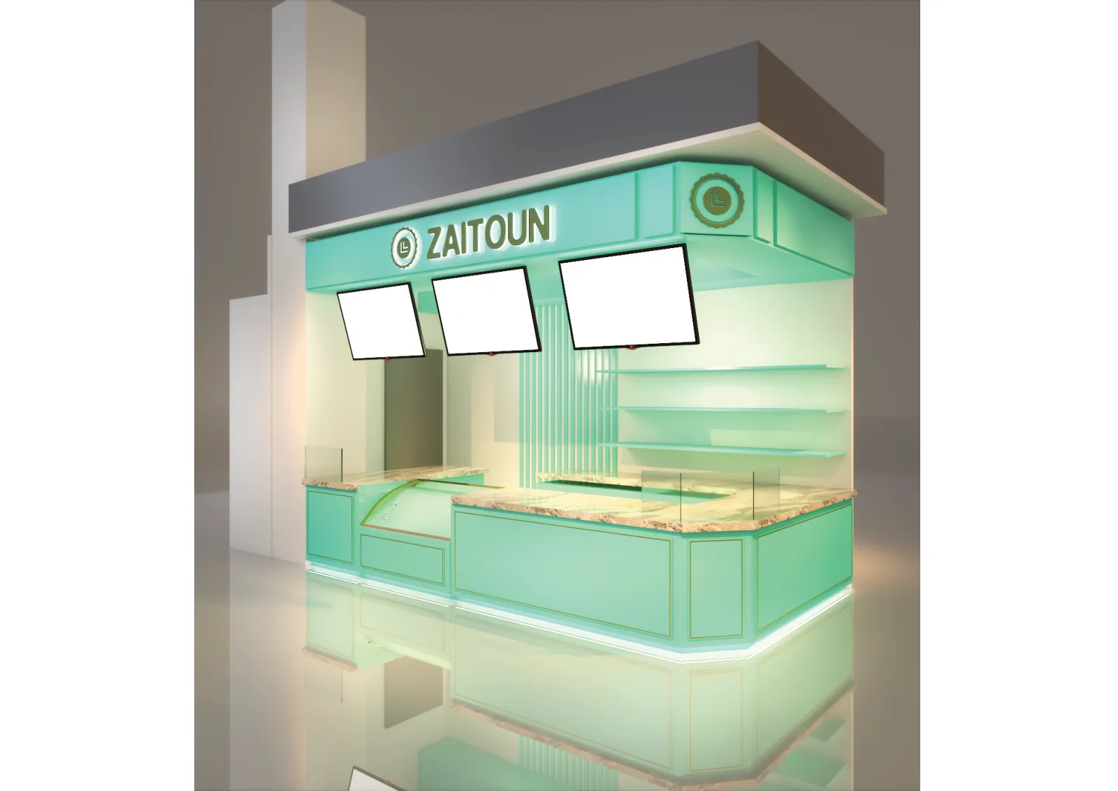 Zaitoun, Kuala Lumpur: One Food Brand, Six Retail Formats and a Built Kiosk in Sunway Pyramid | Kenania Inventive Arts Counter with menu screens: angled render