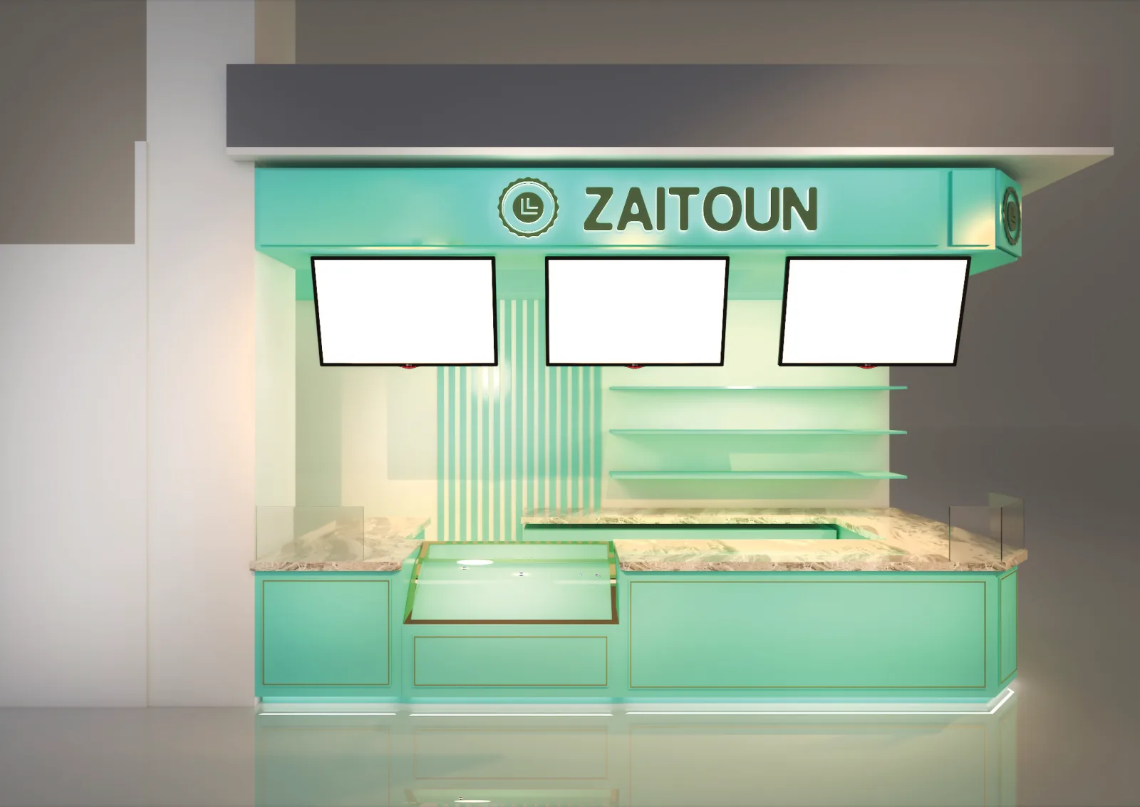 Zaitoun, Kuala Lumpur: One Food Brand, Six Retail Formats and a Built Kiosk in Sunway Pyramid | Kenania Inventive Arts Counter with menu screens: front view