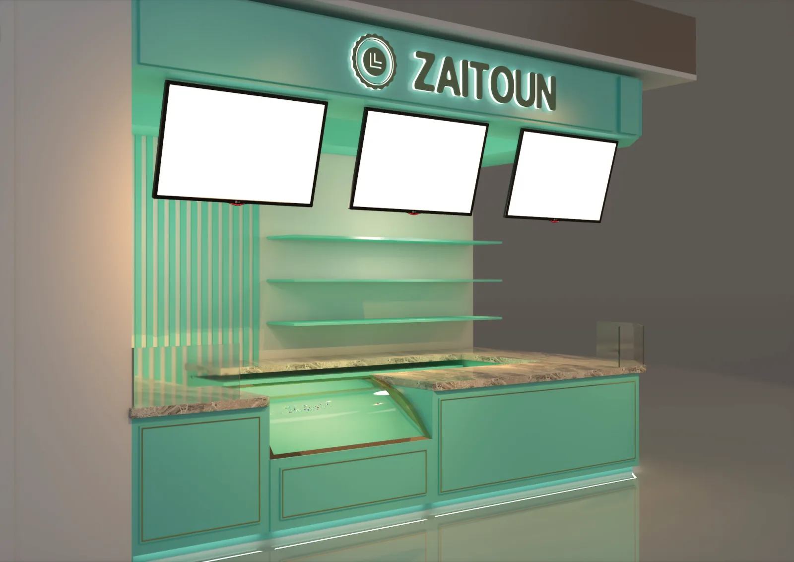 Zaitoun, Kuala Lumpur: One Food Brand, Six Retail Formats and a Built Kiosk in Sunway Pyramid | Kenania Inventive Arts Counter with menu screens: marble top and fluted panels