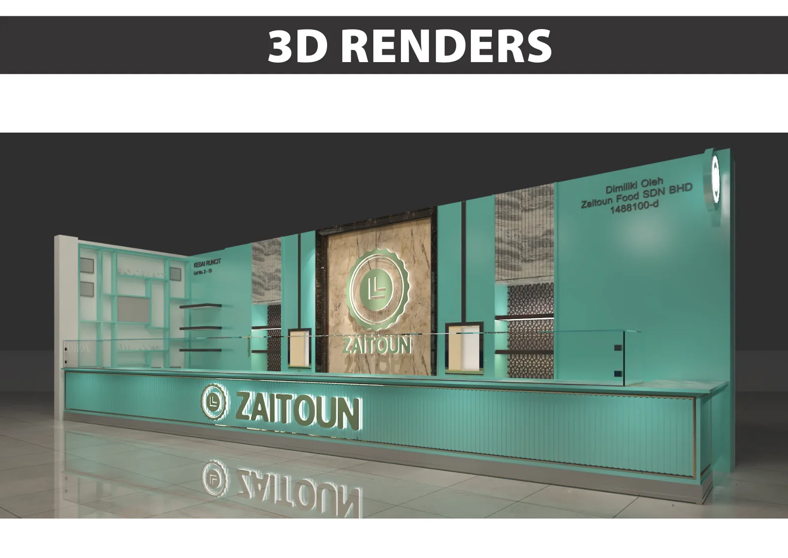 Zaitoun, Kuala Lumpur: One Food Brand, Six Retail Formats and a Built Kiosk in Sunway Pyramid | Kenania Inventive Arts Airport unit: long counter with marble front and logo wall