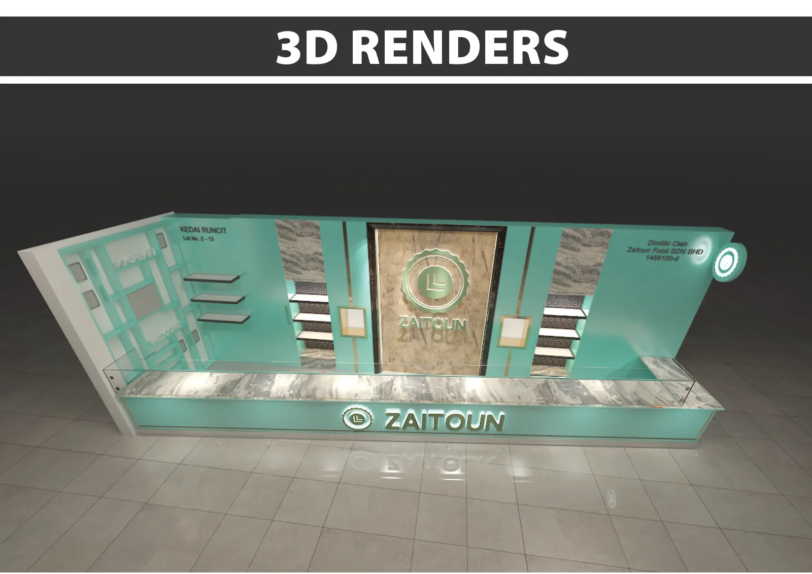 Zaitoun, Kuala Lumpur: One Food Brand, Six Retail Formats and a Built Kiosk in Sunway Pyramid | Kenania Inventive Arts Airport unit: angled view of the shelving wall