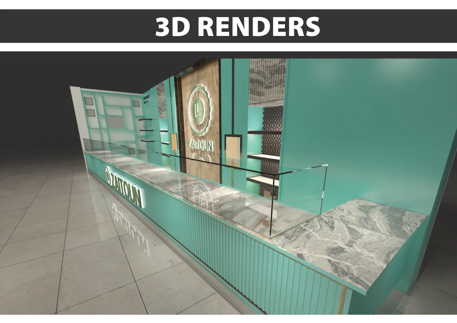 Zaitoun, Kuala Lumpur: One Food Brand, Six Retail Formats and a Built Kiosk in Sunway Pyramid | Kenania Inventive Arts Airport unit: corner with the marble counter