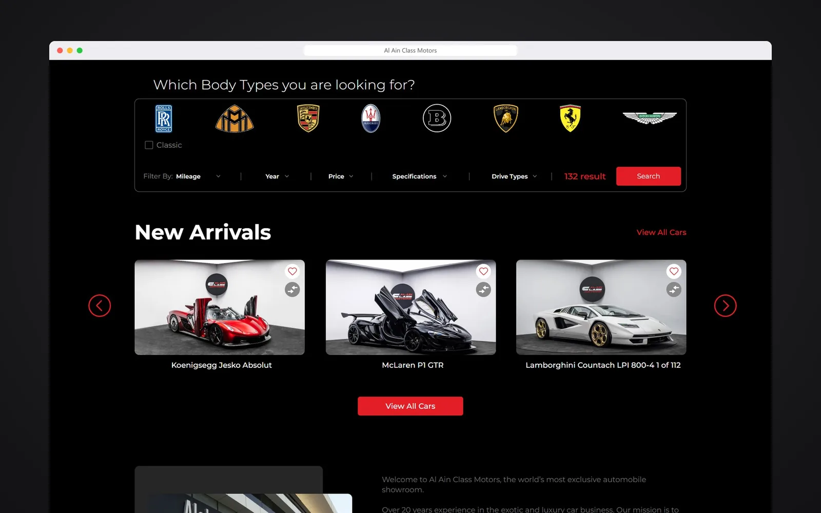 Car dealership website design: Al Ain Class home: search by brand with filters, and the new arrivals carousel