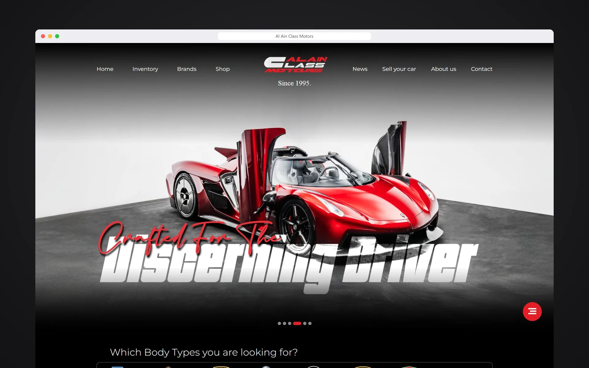 Car dealership website design for Al Ain Class Motors: a dark home page with a red supercar and the line Crafted for the Discerning Driver