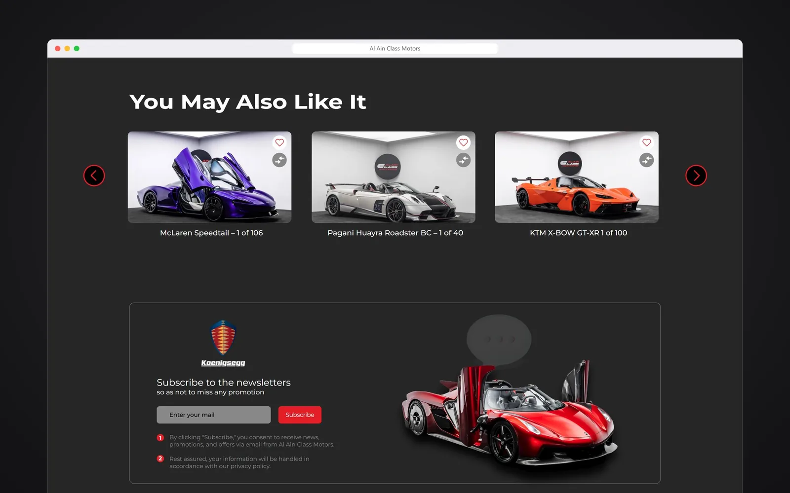 Al Ain Class car page: similar cars and the newsletter