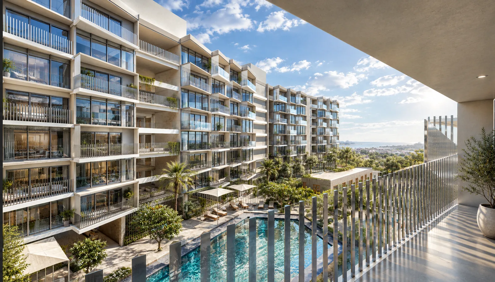 View from an apartment balcony over the pool courtyard and gardens