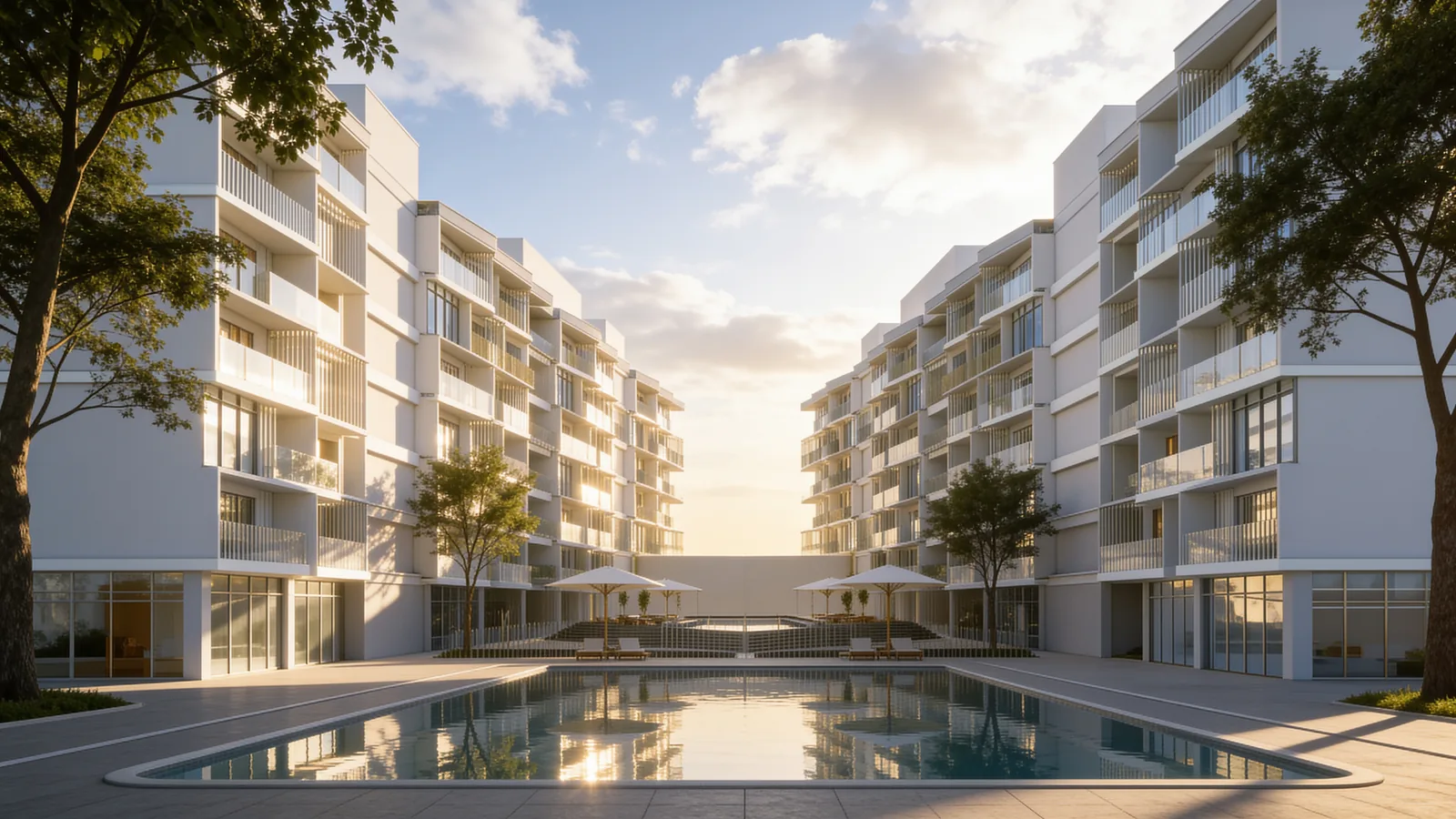 Courtyard pool between two residential blocks at sunset, with shaded loungers