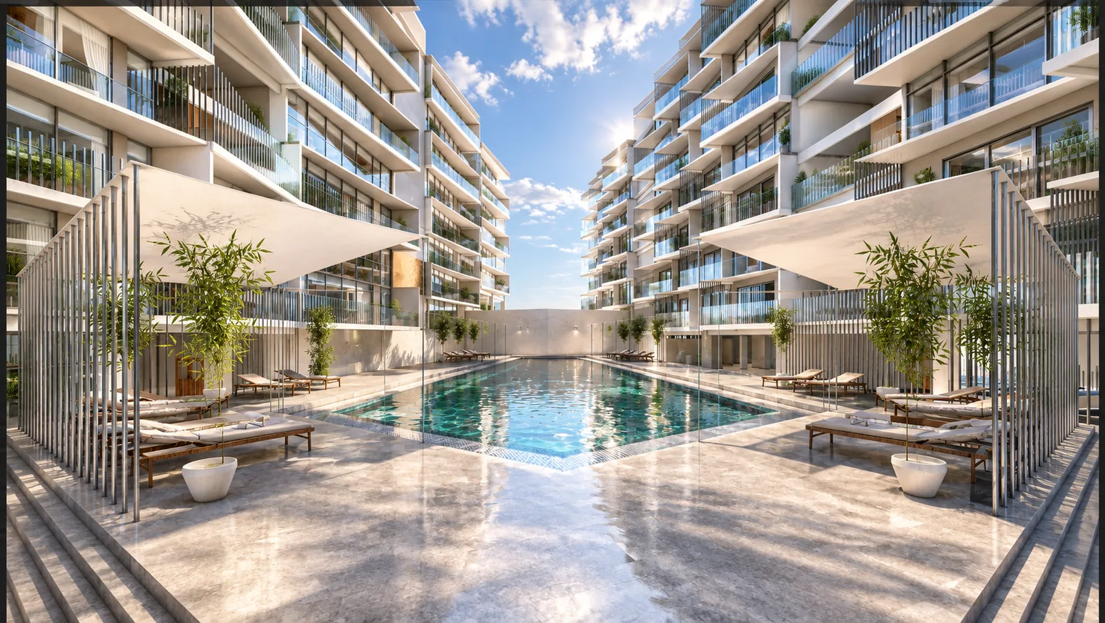 Pool deck with slatted pergola screens, shade sails and loungers between the blocks