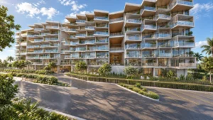 Apartment Building Design in Malaysia: A Residential Complex Around a Pool Courtyard | Kenania Inventive Arts Apartment building design in Malaysia: a long residential block with stepped glass balconies above a landscaped drive