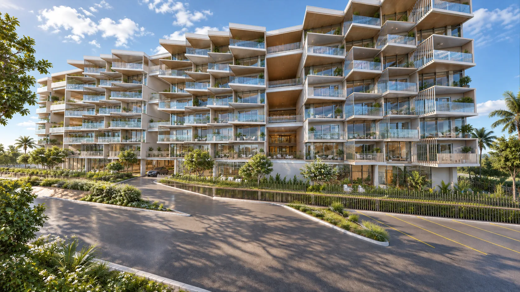Apartment building design in Malaysia: a long residential block with stepped glass balconies above a landscaped drive