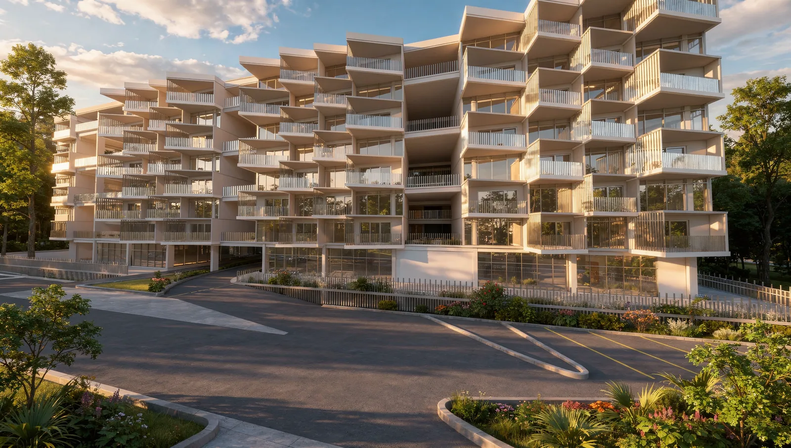 Apartment building design: The stepped terraces catching the low sun, with the drop-off and gardens in front