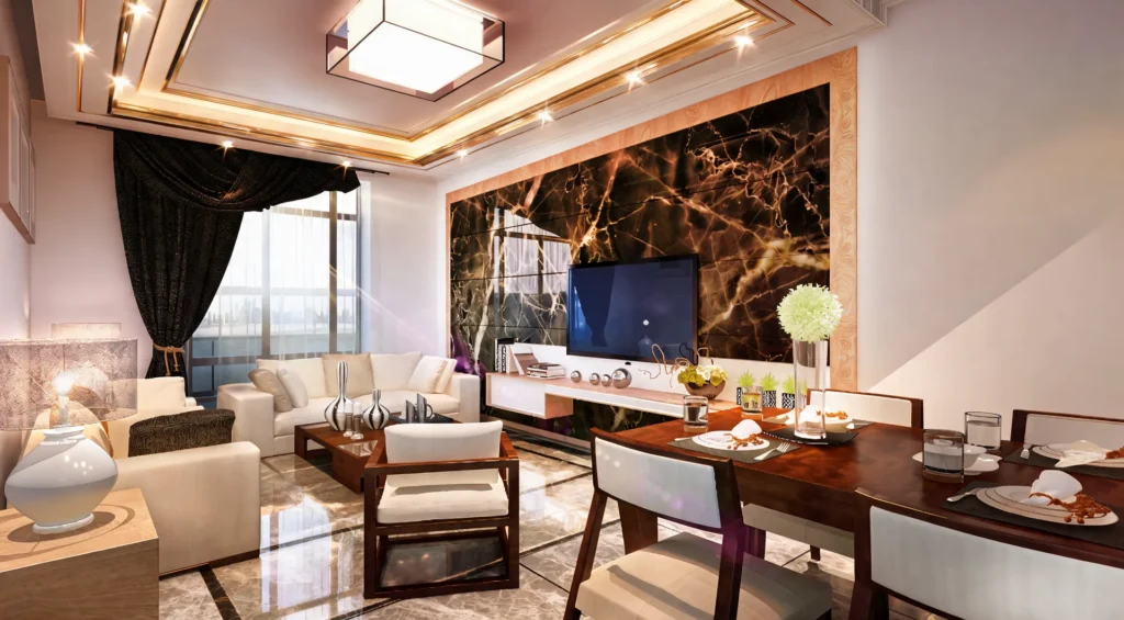 Apartment interior design in Dubai: Green Valley living and dining room with a marble TV wall, cream sofas and a city view