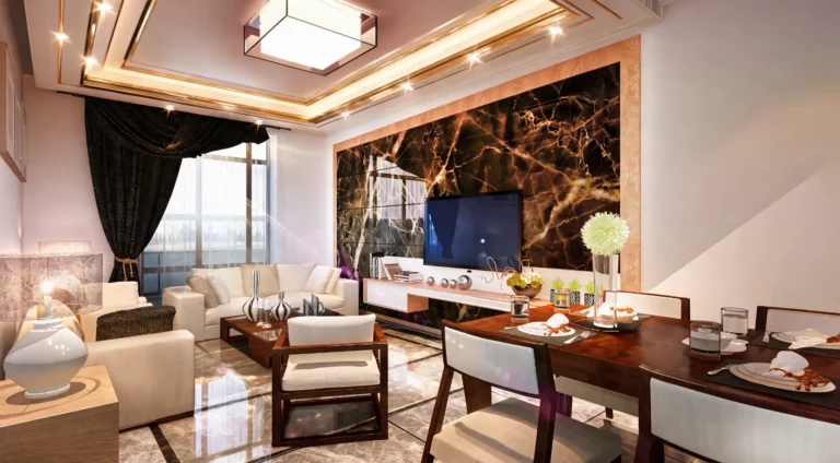 Green Valley, Dubai: Apartment Interior Design for a Residential Compound | Kenania Inventive Arts Apartment interior design in Dubai: Green Valley living and dining room with a marble TV wall, cream sofas and a city view