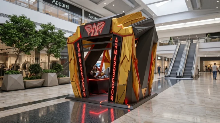 Armageddon gaming kiosk: faceted red-and-gold pavilion in a mall atrium between the escalators
