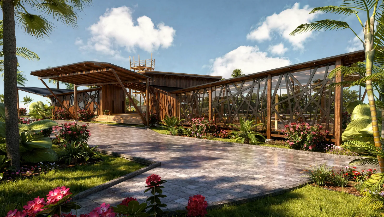 Beach Villa Design on the Perhentian Islands, Malaysia: Seaside Villas Around a Pool | Kenania Inventive Arts Arrival pavilion with a folded timber roof and a woven timber screen facing a stone forecourt