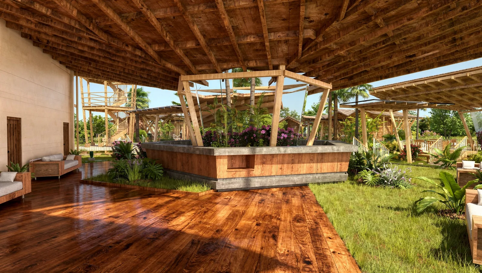 Beach Villa Design on the Perhentian Islands, Malaysia: Seaside Villas Around a Pool | Kenania Inventive Arts Clubhouse lounge under the timber roof, with a glazed garden at its centre and sofas around it