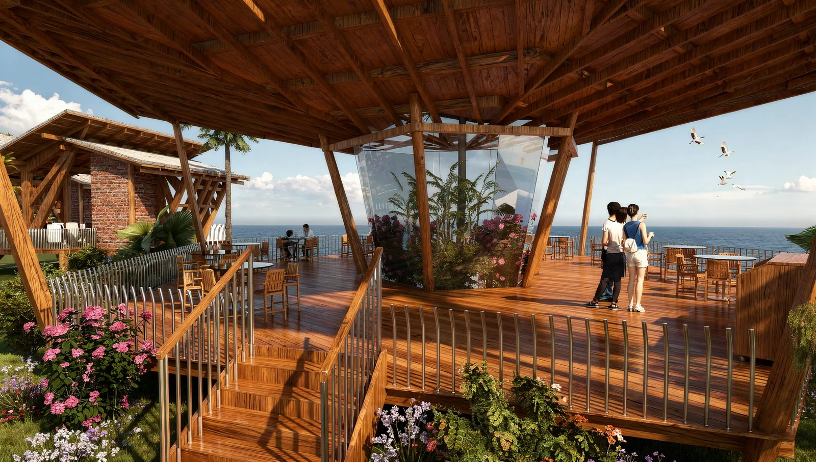 Beach Villa Design on the Perhentian Islands, Malaysia: Seaside Villas Around a Pool | Kenania Inventive Arts Clubhouse deck over the sea: a timber roof on raking columns around a glazed planted core, with café tables at the edge